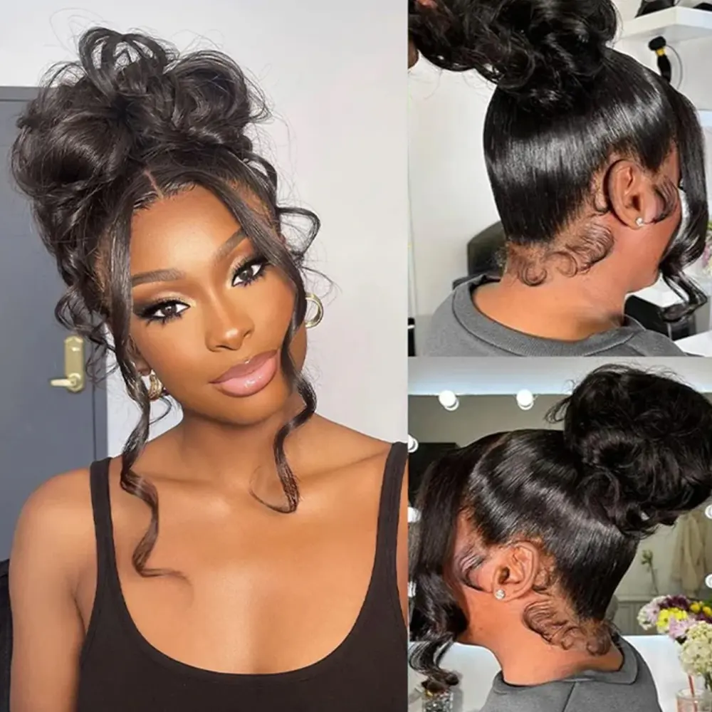 MYLOCKME 360 Lace Frontal Wig, Invisible Drawstring Body Wave Brazilian Human Hair, Natural Color, Pre-Plucked, Glueless, Glueless Lace Frontal