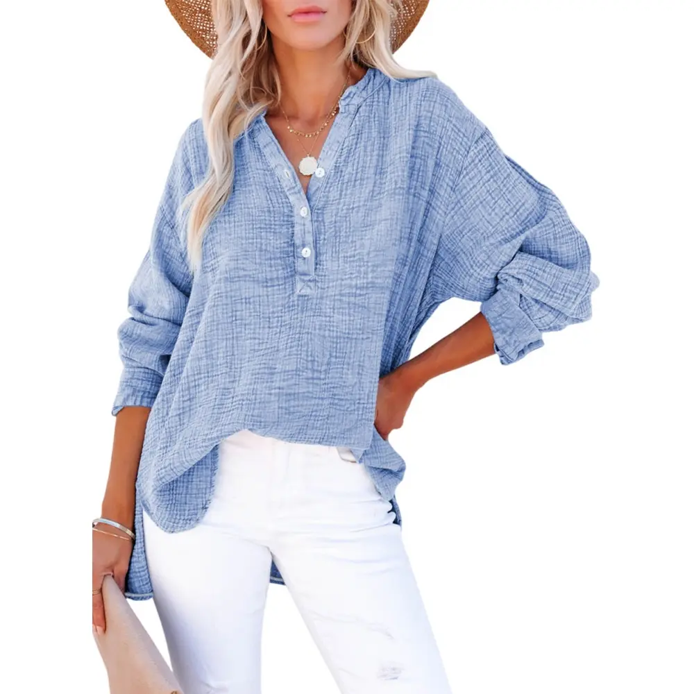 Dokotoo Womens Casual Button V Neck Long Sleeve Shirts Oversized Solid Blouses Tops