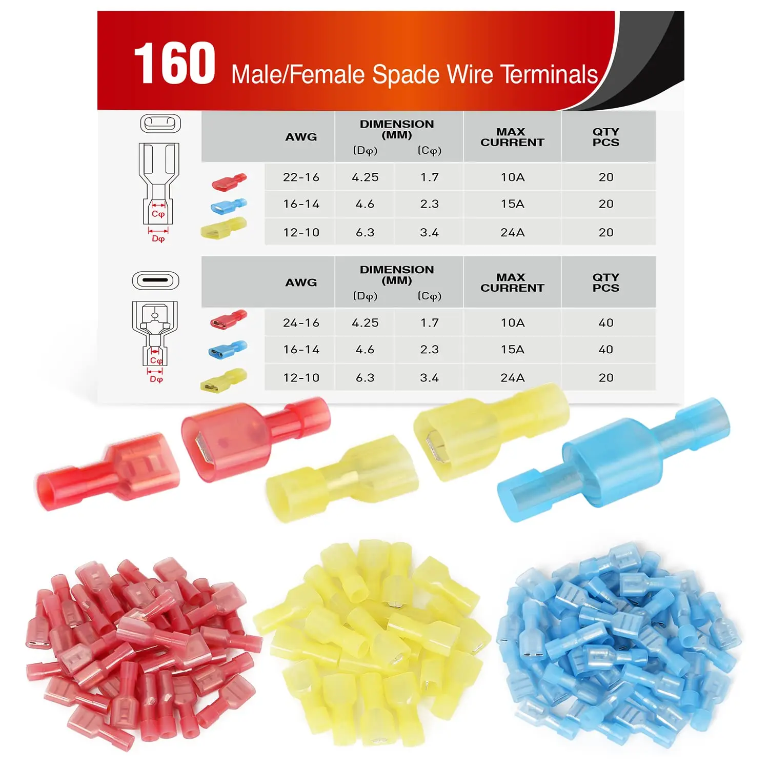Nilight 160 Pcs Nylon Fully Insulated Male-Female Spade Quick Disconnect Crimping Terminals Set, Automotive Solderless Connectors, 0.5-1.5mm² (Red) 12-10 A.W.G. Wiring Kit, Father's Day Gift, Cable Connector Kit, Durable Reliable Connectors
