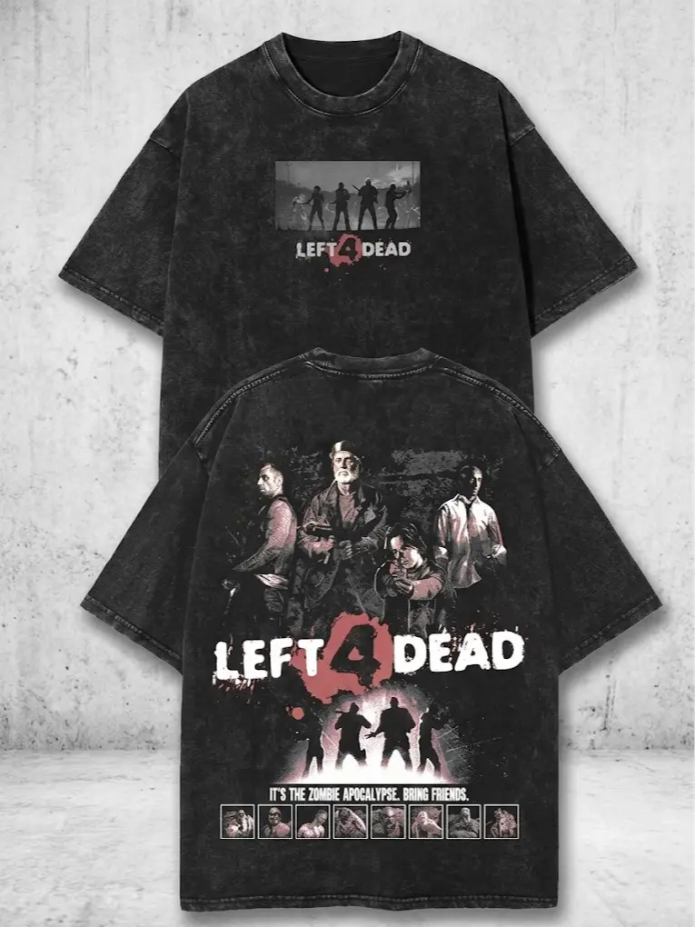 Unisex Vintage Acid Wash Left 4 Dead T-Shirt Retro Gamer Zombie Graphic Tee Oversized Y2K Streetwear Top Crewneck Mens Womens Unisex