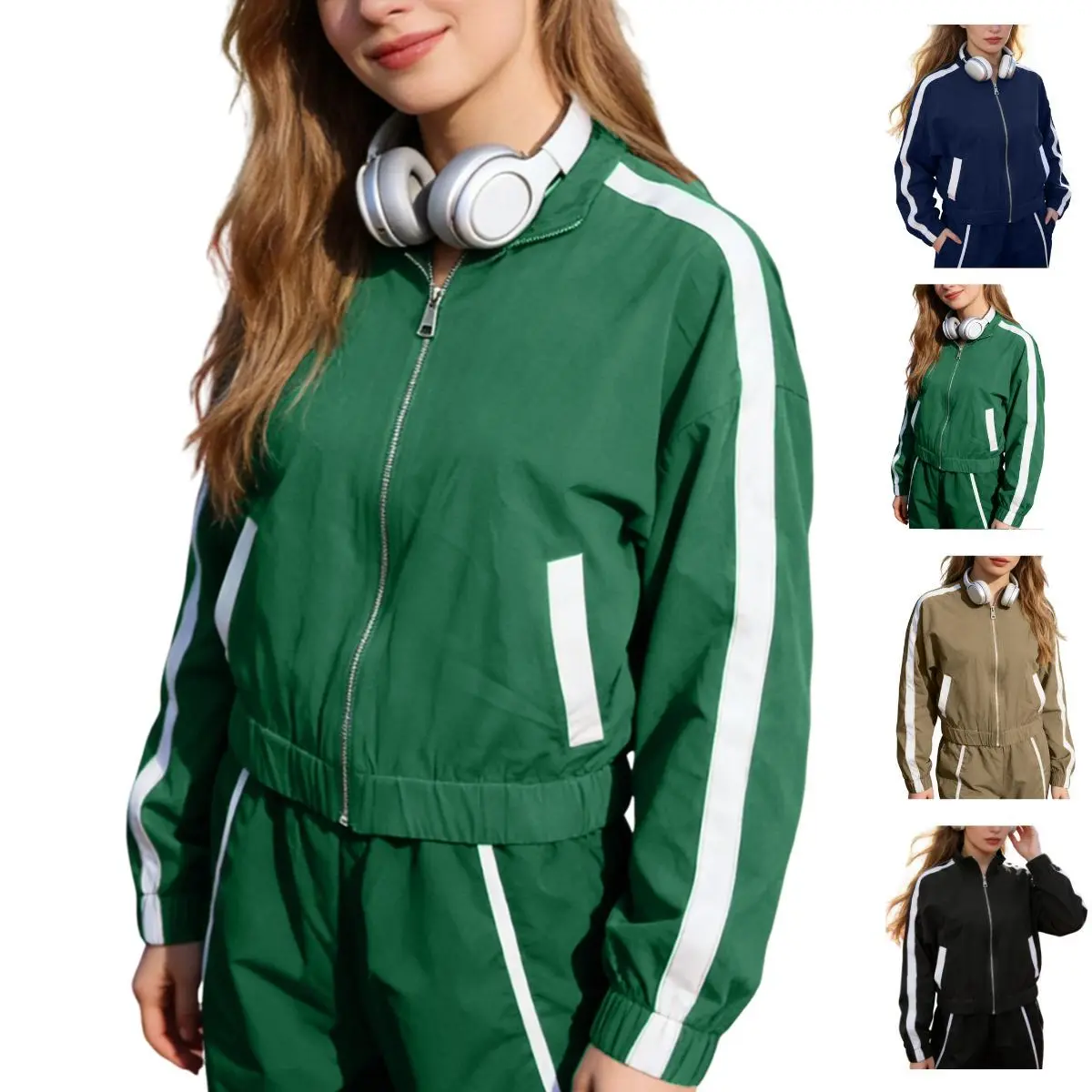 JovenPara Women's Long Sleeve Striped Lightweight Zip-Up Track Jacket - Athletic, Casual Sport Outerwear for Gym Workouts, Workout Clothes, Athletic Jacket, Casual Sports Jacket