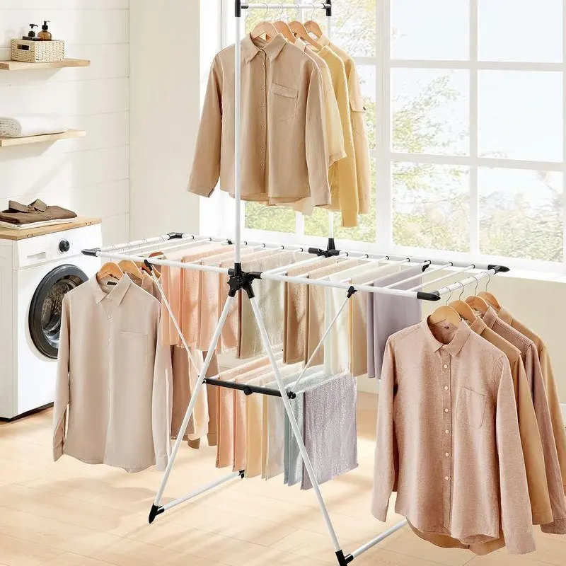 SONGMICSHOME Clothes Drying Rack - 2-Level Laundry Hanging Rack, Floor Mount Space Saving Foldable Free-Standing Airer, Steel+Plastic Construction, T-Shirts