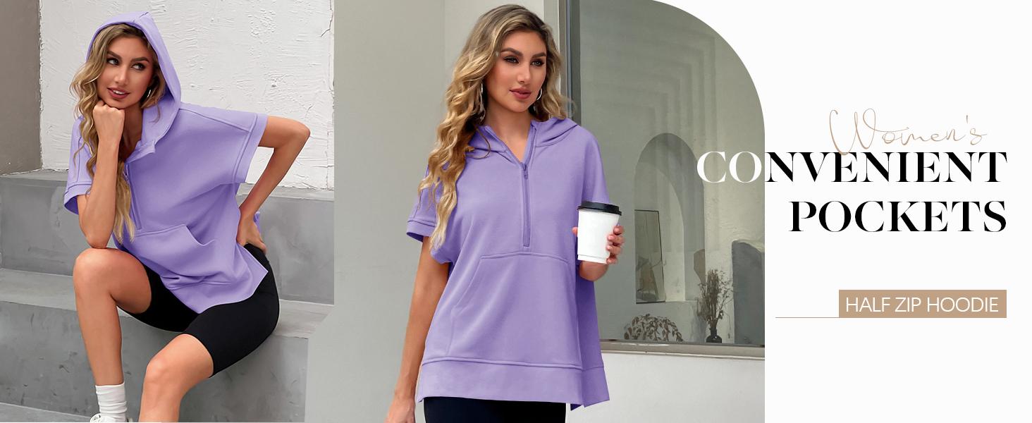 FISOEW Womens Oversized Half Zip Hoodies Short Sleeve Casual Sweatshirts Pullover Tops with Pockets Leggings Loose Aesthetic parke mockneck sweatshirt comfort sweatshirts denim tear hoodie FallFreshness #Springtok #TikTokShopJumpstartSale