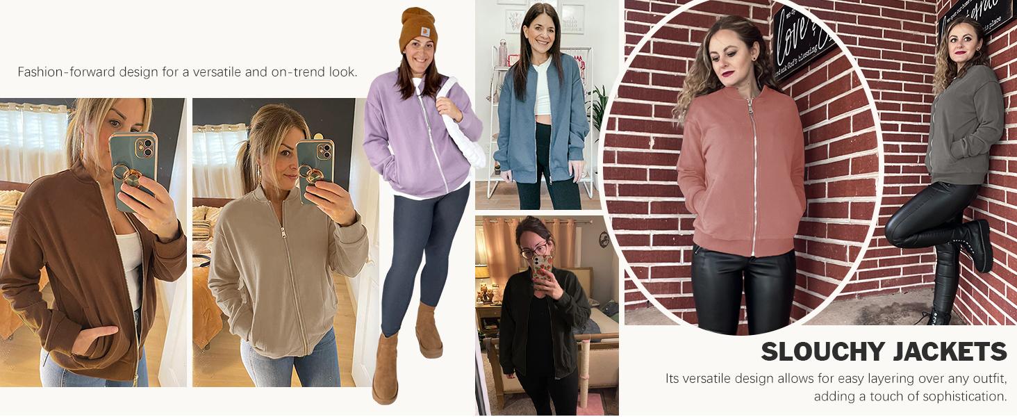 Fisoew Womens Zip Up Sweatshirts Jackets Long Sleeve Casual Loose Outwear with Pockets Outerwear Coats Crew Neck Full Zip-Up Design Clothes Womenswear SpringStatements