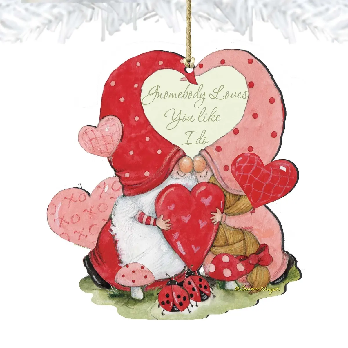 Designocracy 8471122-SW Artistic Valentine Gnomes Wooden Ornament, 5x5.5x0.25 in (5x5.5"), Home Supplies, Cute Festive Decorations, Indoor/Outdoor Gift-Worthy Ornament with Gift Bag for Family, Holiday