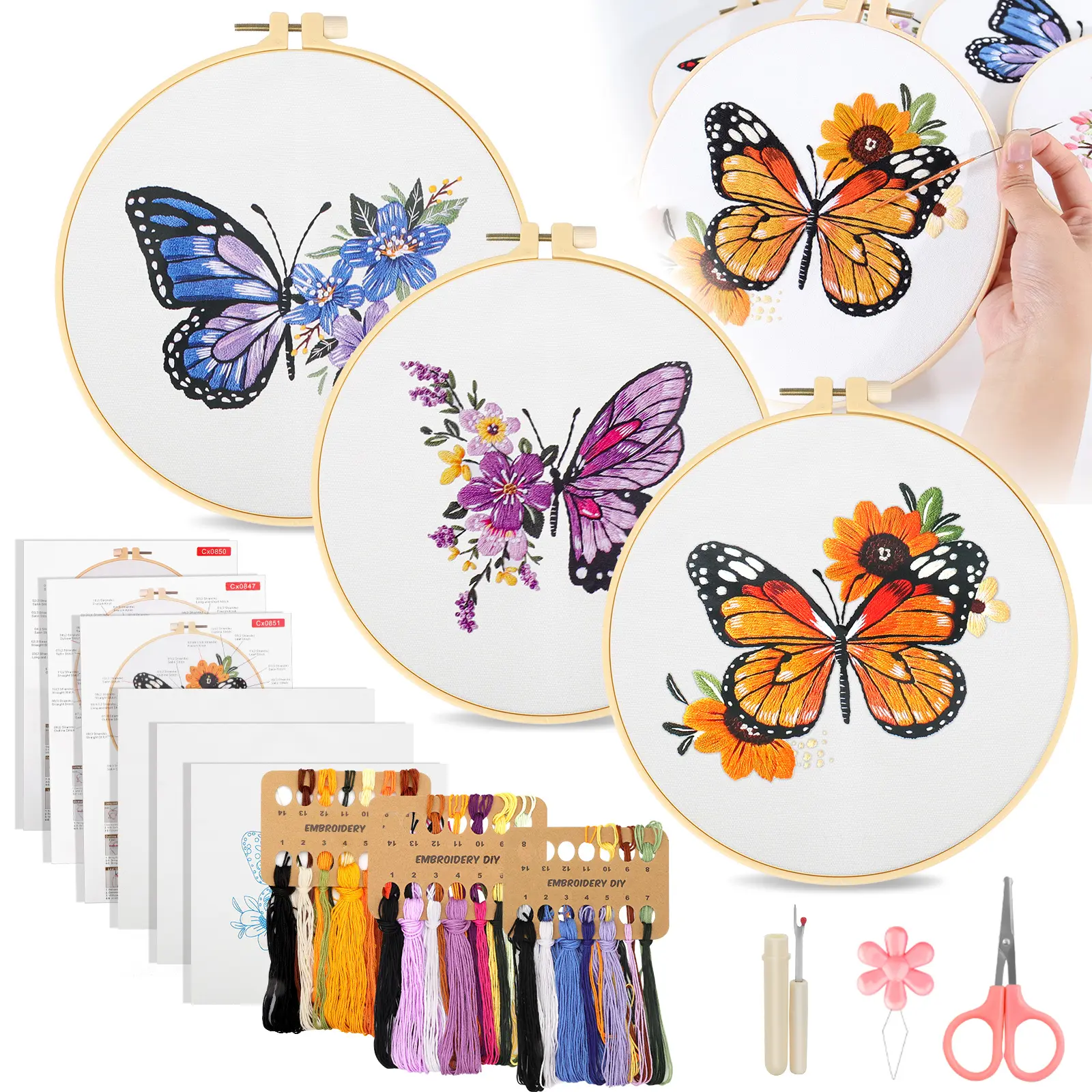 3Pcs Butterfly Theme Embroidery Set Kit for Beginners - Embroidery Bundle with Cloth, Thread, Needles & Instructions, DIY Cross Stitch Craft,Gift Ideal