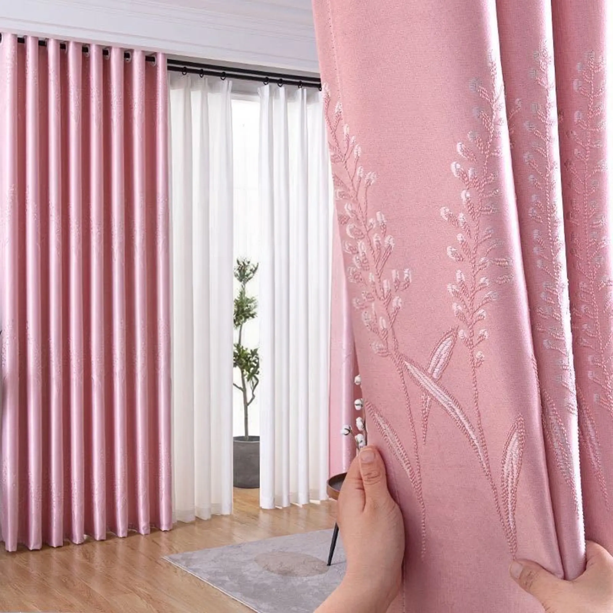 1pc Jacquard Fairy Grass Embroidery Thick Blackout & Heat Insulation Eyelet Curtain, Thermal Insulated Curtain, Curtains Black Out, Heavy & Drapable, Soft Skin-friendly Texture, Suitable for Floor-to-ceiling Windows, Bedroom, Embroidered Curtains