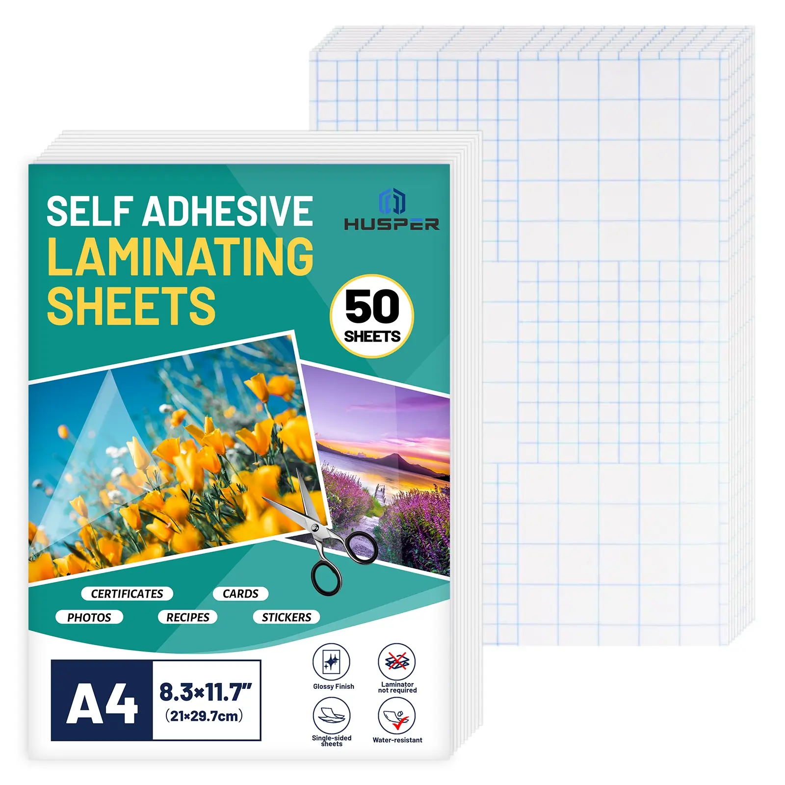 50 Pack Clear Glossy Finish Self-Adhesive Laminating Sheets - Economical, Convenient A4 (8.3x11.7 Inch) - No Machine Required - Waterproof Photo Laminating - Self Adhesive Sheets for Photos, Documents & Menu Protectors with Durability and Protection