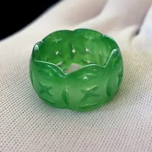 Size 9, Natural Translucent green Jade Wide-Band Ring Hollow-out, Width 13mm
