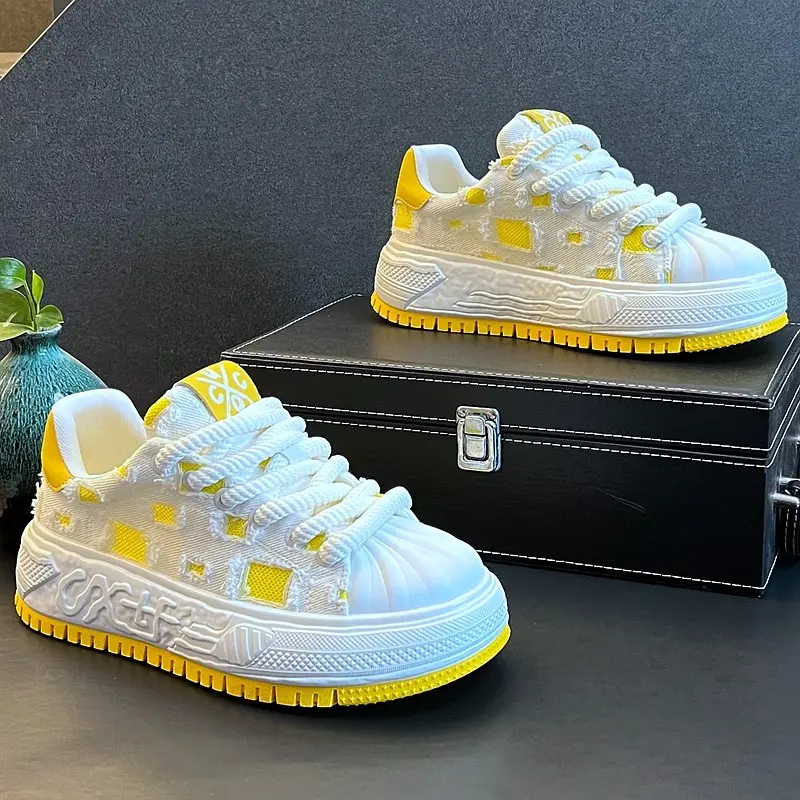 2026 Must-Buy Breathable Yellow White Shell-Toe Platform Sneakers for Men, Elevated Thick-Sole Casual Streetwear Shoes, Comfortable Non-Slip Footwear for Summer, Daily Commute & Outdoor Activities