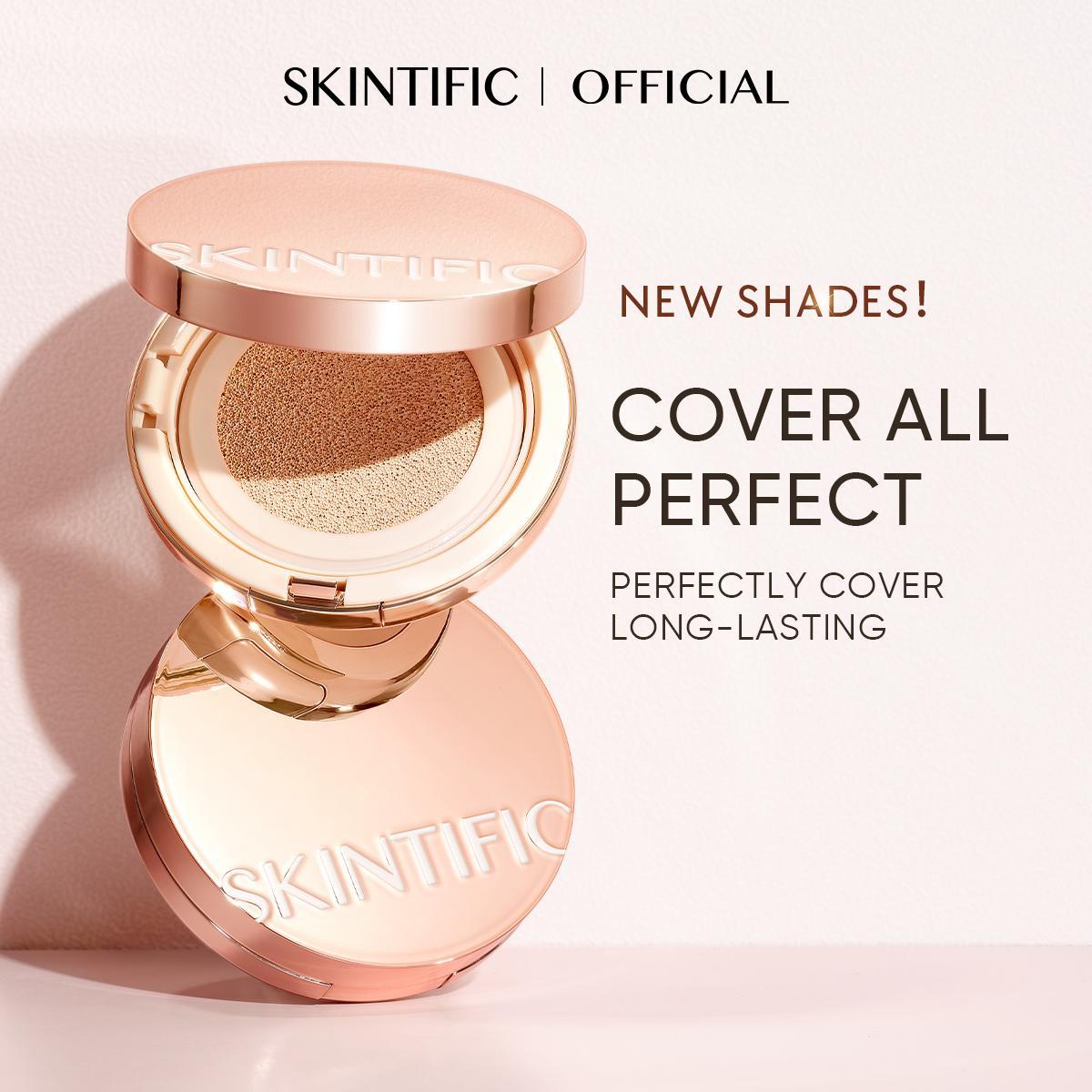 [New Shade Launch] SKINTIFIC Cover All Perfect Cushion Foundation Full Coverage Weightless Skin Fit Satin Glow Oil Control Waterproof Sweatproof Flawless BB Cream CC Makeup Buildable For All Skin Type - Silicone Smooth Compact