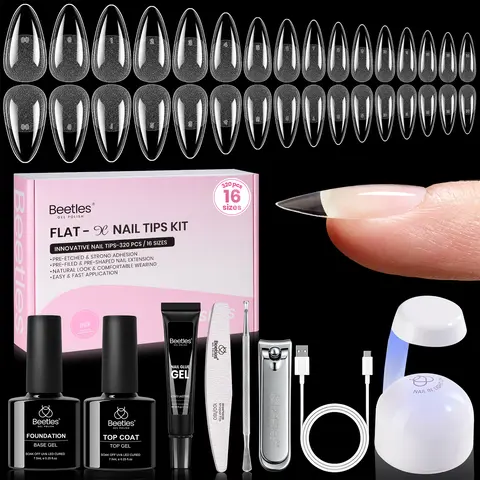 Beetles Flat-X UV Gel Nail Art Set - UV LED Lamp, Clipper, 320 Pieces 16-Size Almond Fake Tips, 15g Hands-Free Glue Gel, 7.5ml Base & Top Coat for At-Home Acrylic Extensions DIY Manicure Supplies,familyfun