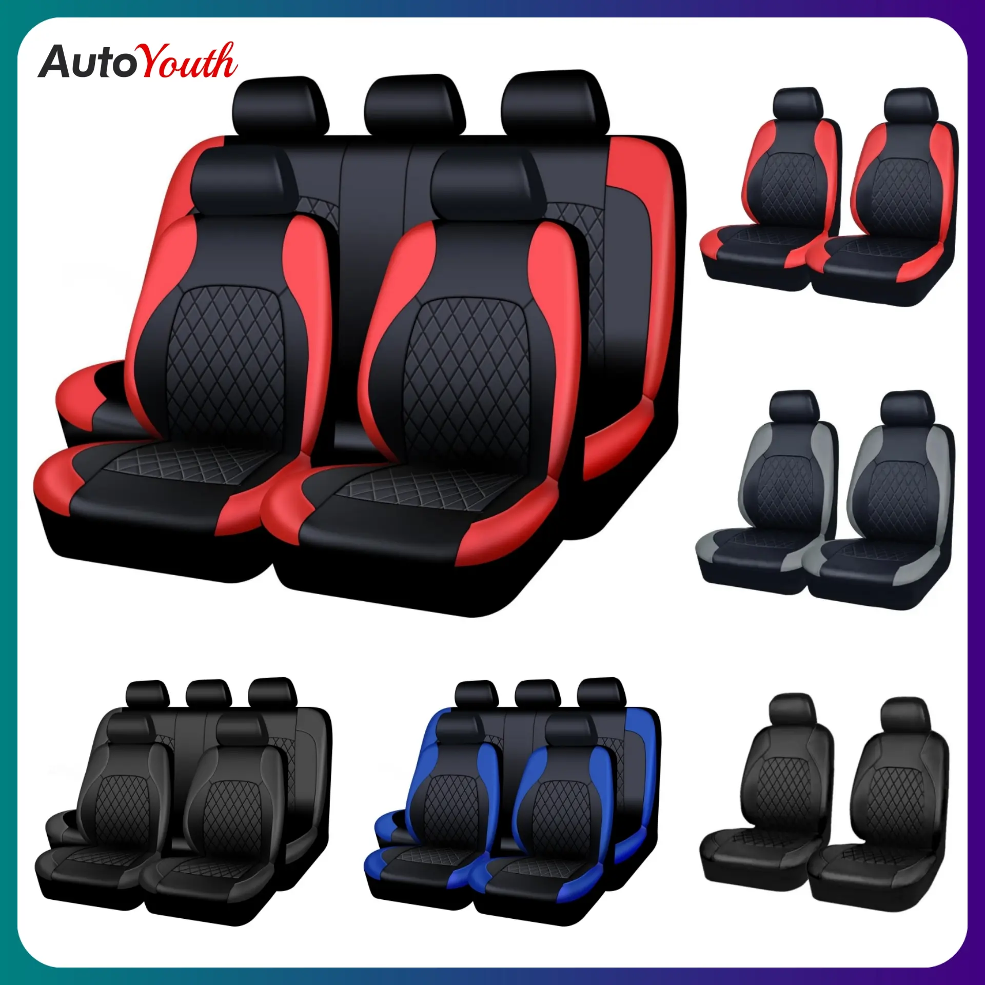 PU Leather Car Seat Covers for 2/5 Seats, Universal Fit Waterproof Car Seat Protectors, Fits Most Auto Truck Van SUV, Airbag Compatible, Protects Against Spills & Scratches, Car Interior Kit, Truck Car Accessories, Black Red Gray Front & Rear Covers
