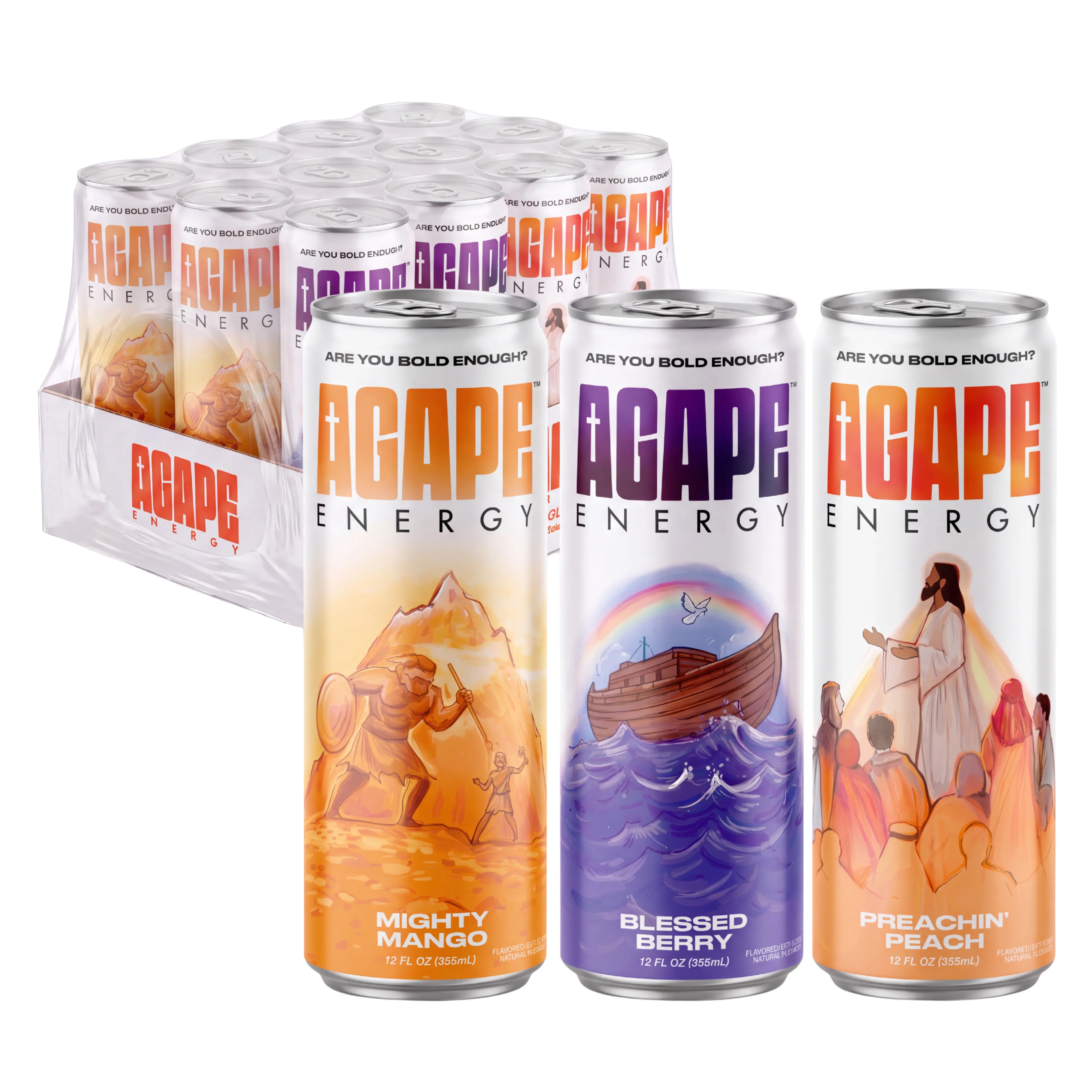 Agape Energy Drink Variety Pack | Honey Sweetened | 12 Pack | 200mg Natural Caffeine | B Vitamins | Clean Energy Drink & Focus | Peach, Berry & Mango Energy Drink