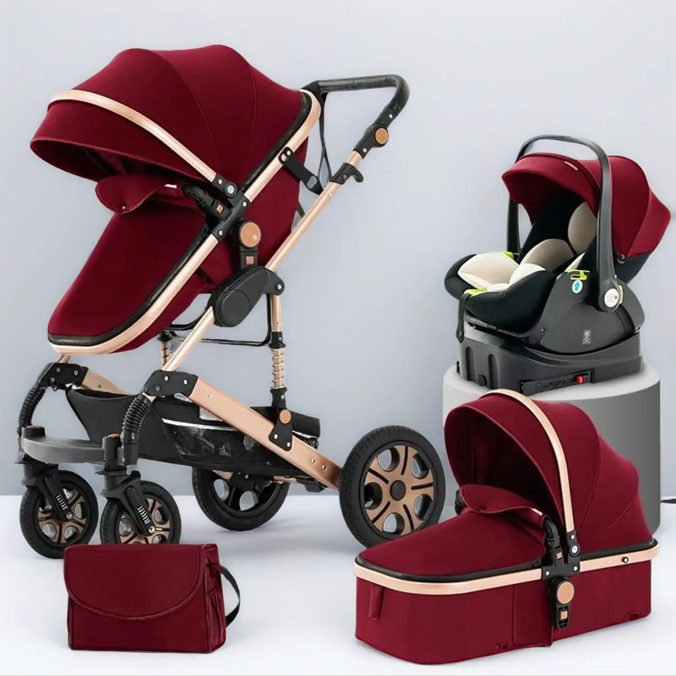 SSBYY Newborn Quad Stroller Combo with Car Seat, Carry Cot & Isofix Base - Lightweight Folding Adjustable Travel Stroller, 0-36M Reversible 360° Rotation Pram, 4-Wheel Suspension, 300D Cation Cotton Canopy (Up to 5lbs), Lightweight Travel Stroller,summerv