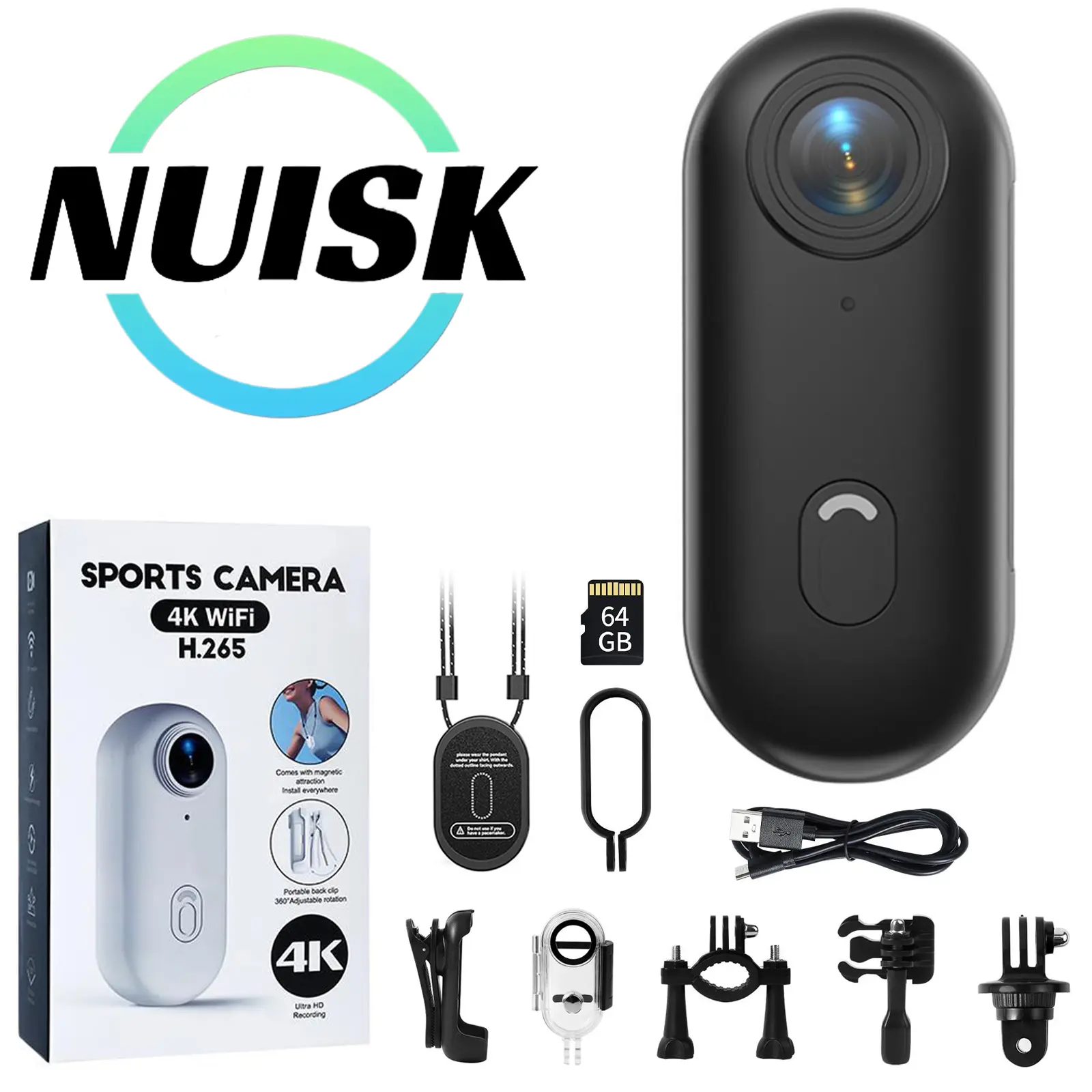 NUISK Mini Wearable Magnetic Snapon Vlogging Camera - IPX7 Waterproof Body Cam, Clip-On Clothes Attachment, 110° Wide-Angle Lens, Anti-Shake Gear, WiFi, 5V Power Support, U3 Memory Card Slot, Batteries for Recording, Picture Capture, Cycling, U3 Card Slot