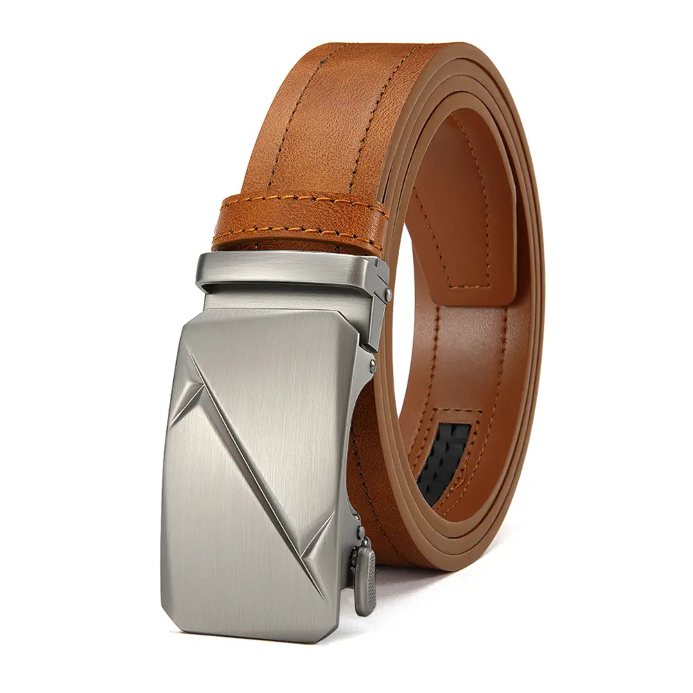 Premium men’s slide ratchet belt with modern geometric metal buckle, multi-color genuine leather adjustable belt, perfect for casual workwear, business casual office and everyday men’s outfits