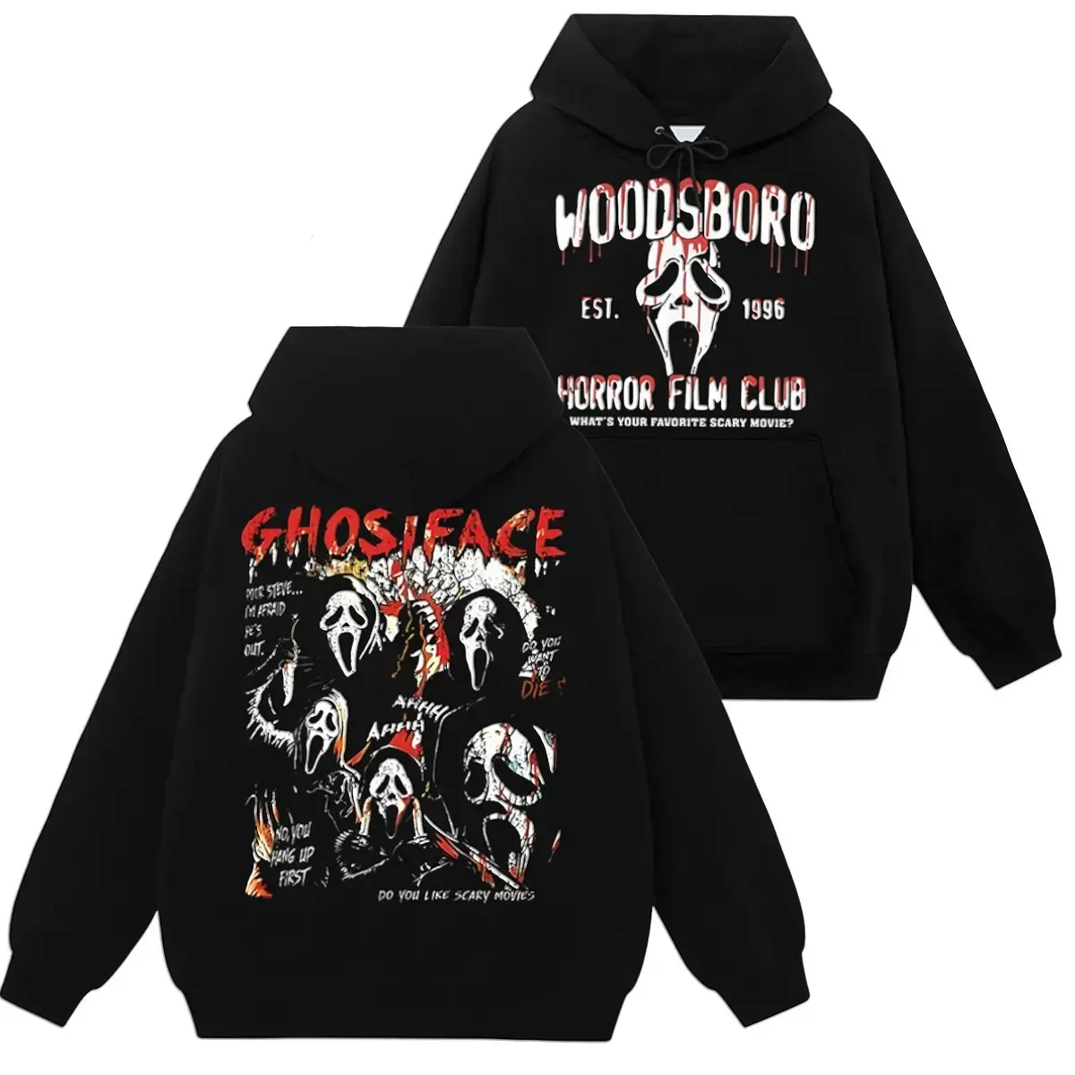 Women's Unisex Fit Halloween Horror Ghostface Partial Print Hoodie, Medium Length Moisture-Wicking Casual Streetwear Pullover, Horror Fan Gift for Halloween Parties