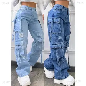 2025New Fashionable Solid Color All-Matching plus Size High Waist Multi-Pocket Leisure Cargo Denim Trousers for Women Pants Jean Womenswear Bottom