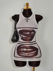 Amplova Plus Size Facial Feature & Lip Print Sheer Bodycon Mini Dress,Back To School See Through Dress,Wedding Guest Dress Women