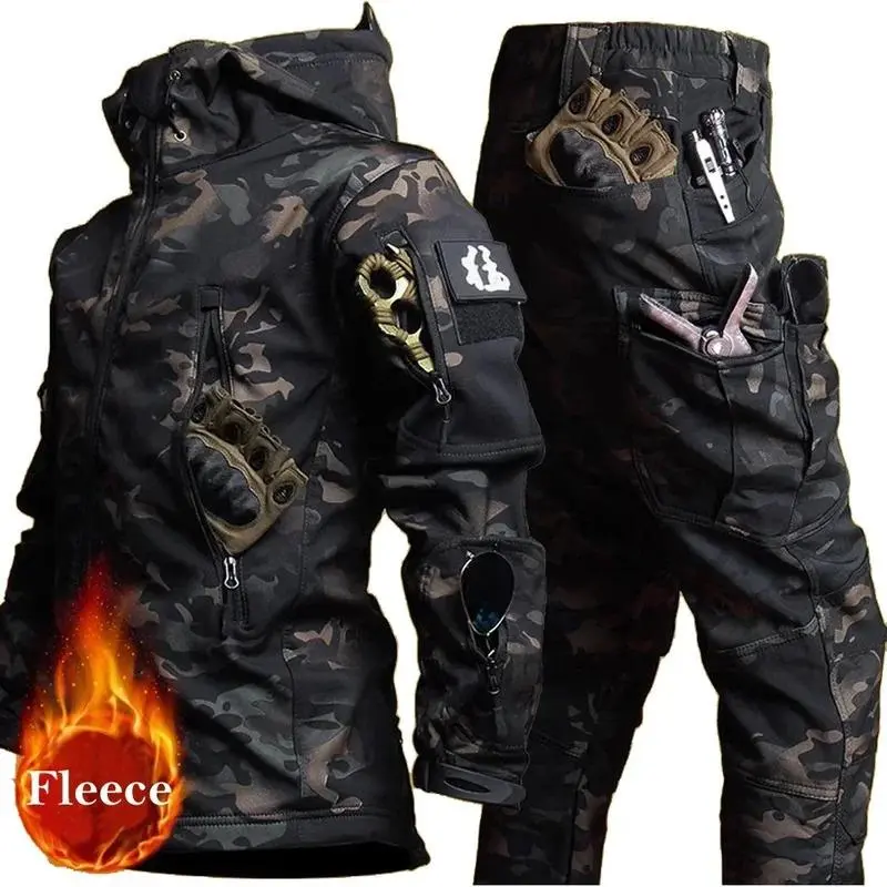 New Male Winter Tactical Jacket Set - Camouflage, Windblock Hood, Waterproof Shell, Cozy Fleece Pad, Padded Uniform with Pockets for Sports & Outdoor Activities, Long Sleeve, Cp Camo Sets, Tactical Sets, Water-Resistant