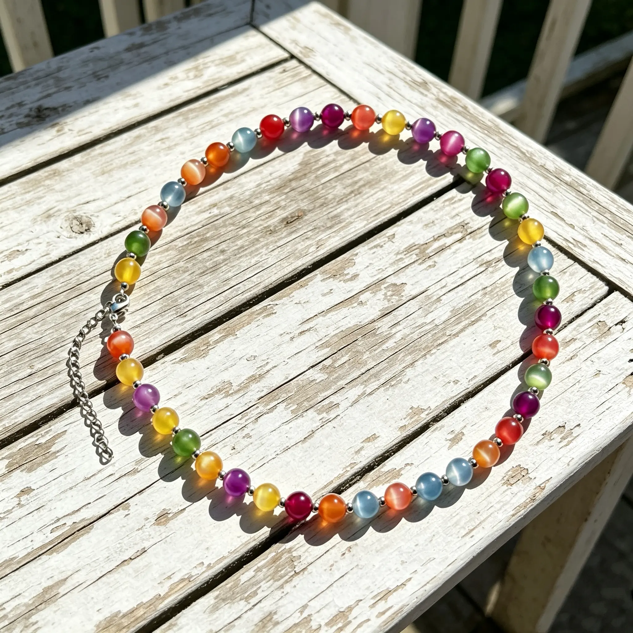 Unisex Dopamine Rainbow Beaded Choker Necklace - UV Reactive, Waterproof, Stainless Steel with Metal Coating - Daily Wear Summer Stackable Costume Jewelry