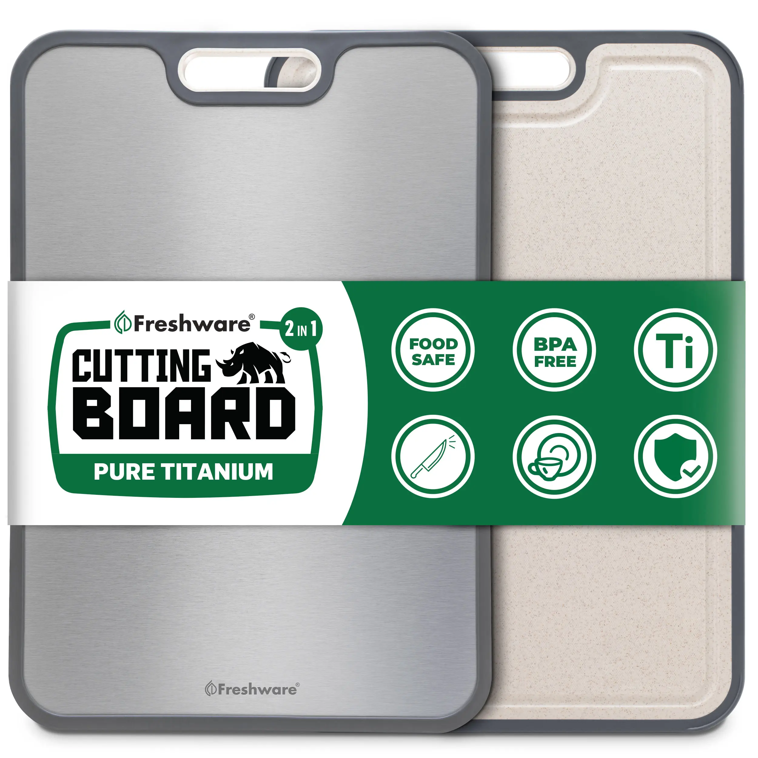 Freshware Titanium-Coated Wheat Straw Durable Kitchen Chopping Board - Reversible, Non-Slip, Juice Groove, Grinding Zone, Knife-Safe, Dishwasher-Safe for Home Cooks, Garlic Prep