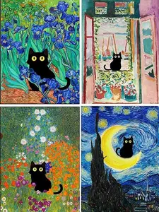 5D Diamond Painting Kit for Adults, 4-Pack Whimsical Black Cat Art in Impressionist Inspired Floral & Starry Scenes, DIY Craft Bundle for Home Decor