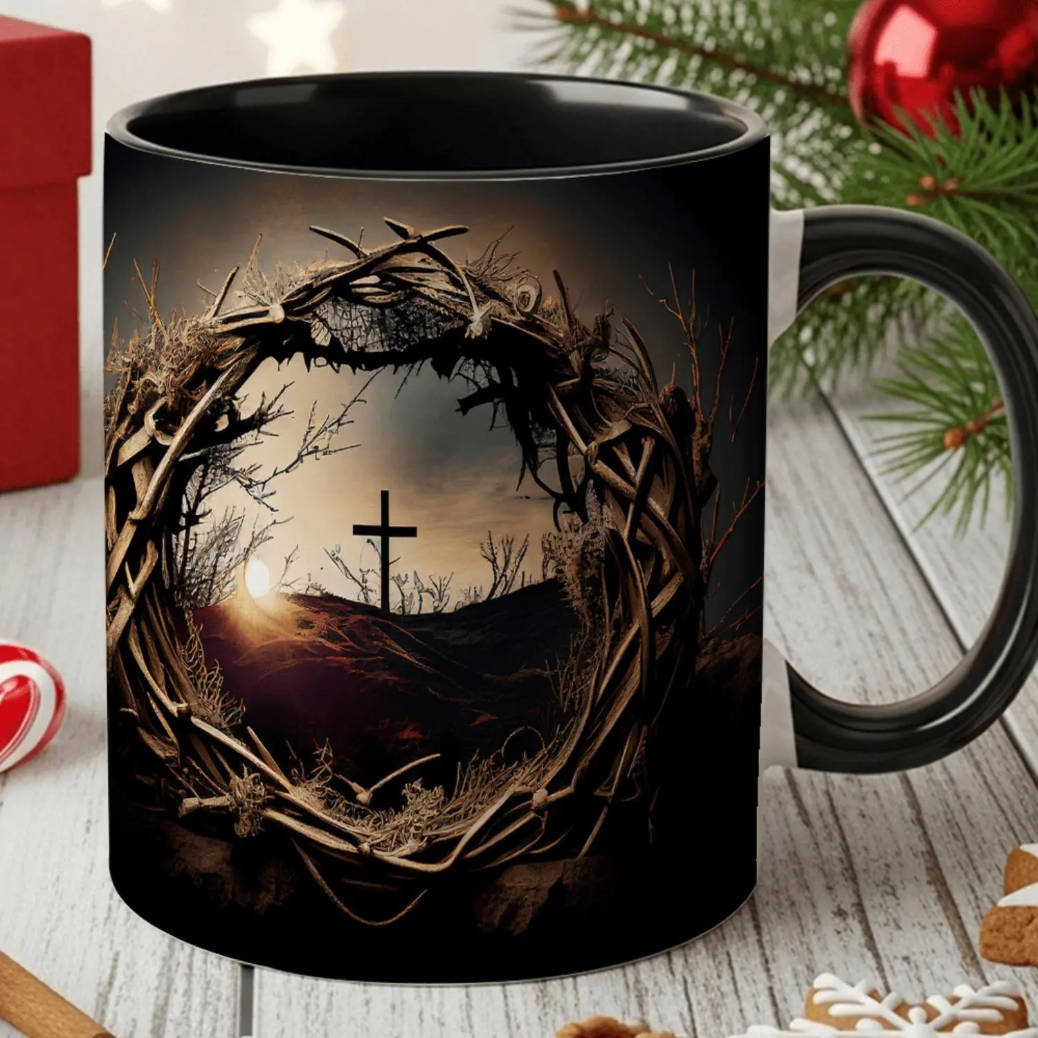 One Piece Ceremic Mug with Inspirational Religious Theme Featuring Crown of Thorns and Cross Ideal Gift for Church Members and Faithful Followers