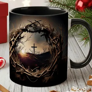 One Piece Ceremic Mug with Inspirational Religious Theme Featuring Crown of Thorns and Cross Ideal Gift for Church Members and Faithful Followers