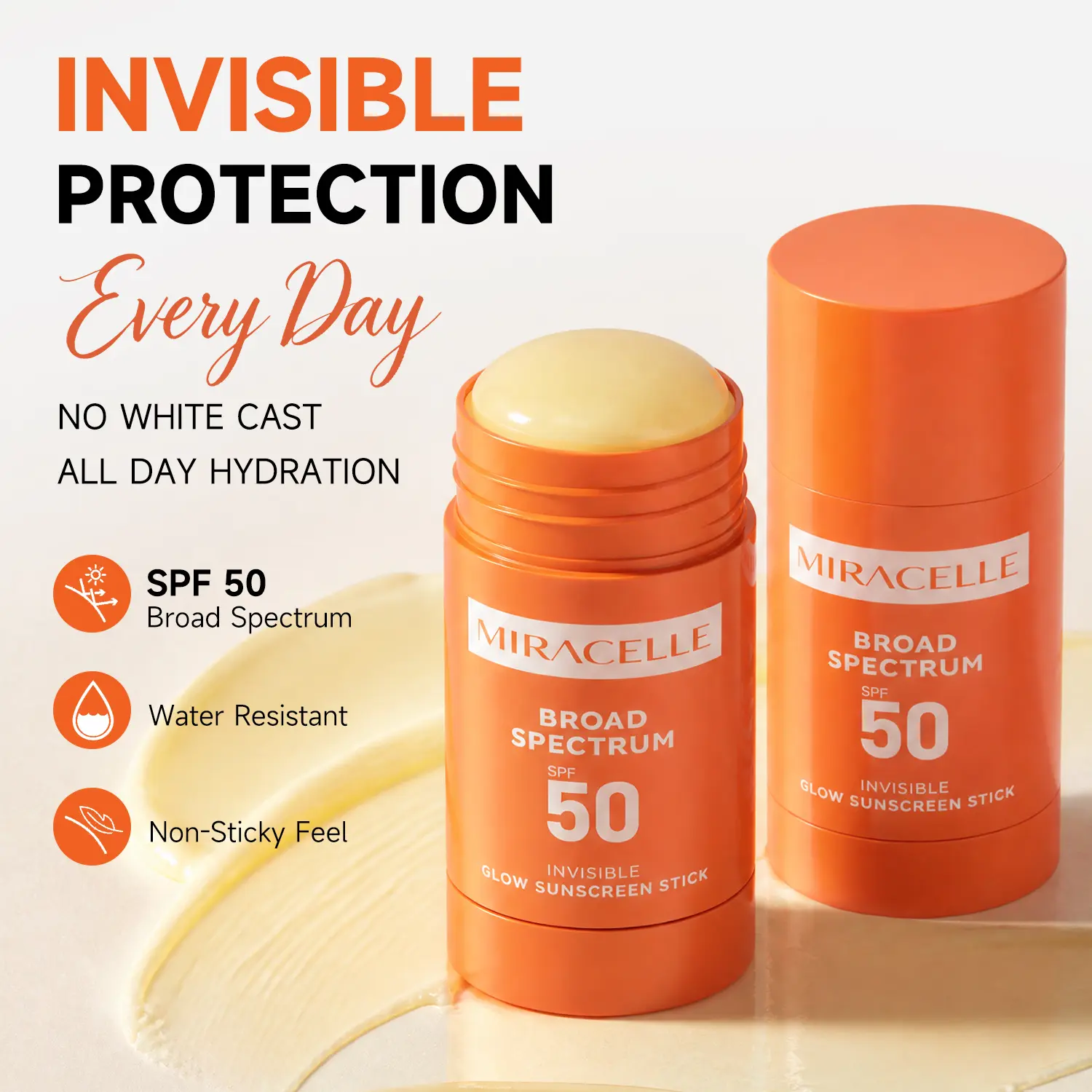 MIRACELLE SPF 50 Mineral Sunscreen Stick, Invisible Glow Finish, Easy-Swipe Mess-Free Lightweight Daily Broad Spectrum Sun Protection for Face & Body, 1 Size
