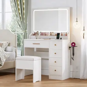 Vanity Desk with Mirror & Lights, Makeup Vanity with 5 Drawers & Storage Shelves, White Vanity Table, 3 Color Modes & Adjustable Brightness, Dressing Table, Bedroom LED-Lighted