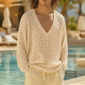 INCERUN Men's Fashion Menswear Tops - Boho Vacation V-Neck Crochet Mesh Relaxed Summer Knit Sweater