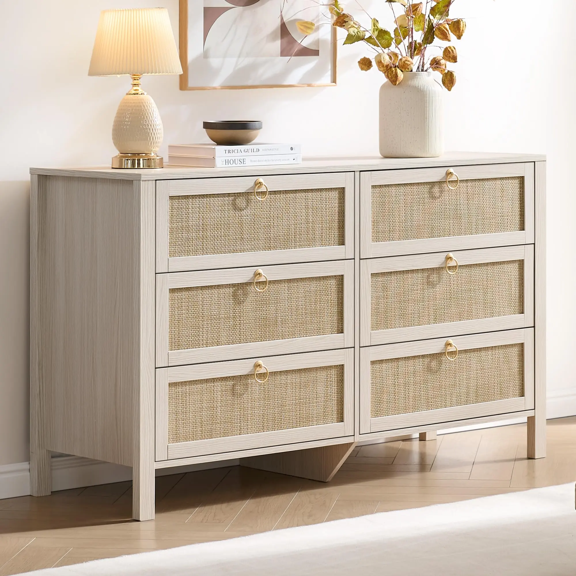 SICOTAS 6-Drawer Dresser, 51 Inch White Tall Dresser for Bedroom Storage, Large Rattan Chest of Drawers with Wide Top for TV Stand, Boho Farmhouse Cabinet for Living Room, Hallway & Closet Organization,dorm essentials,home decor