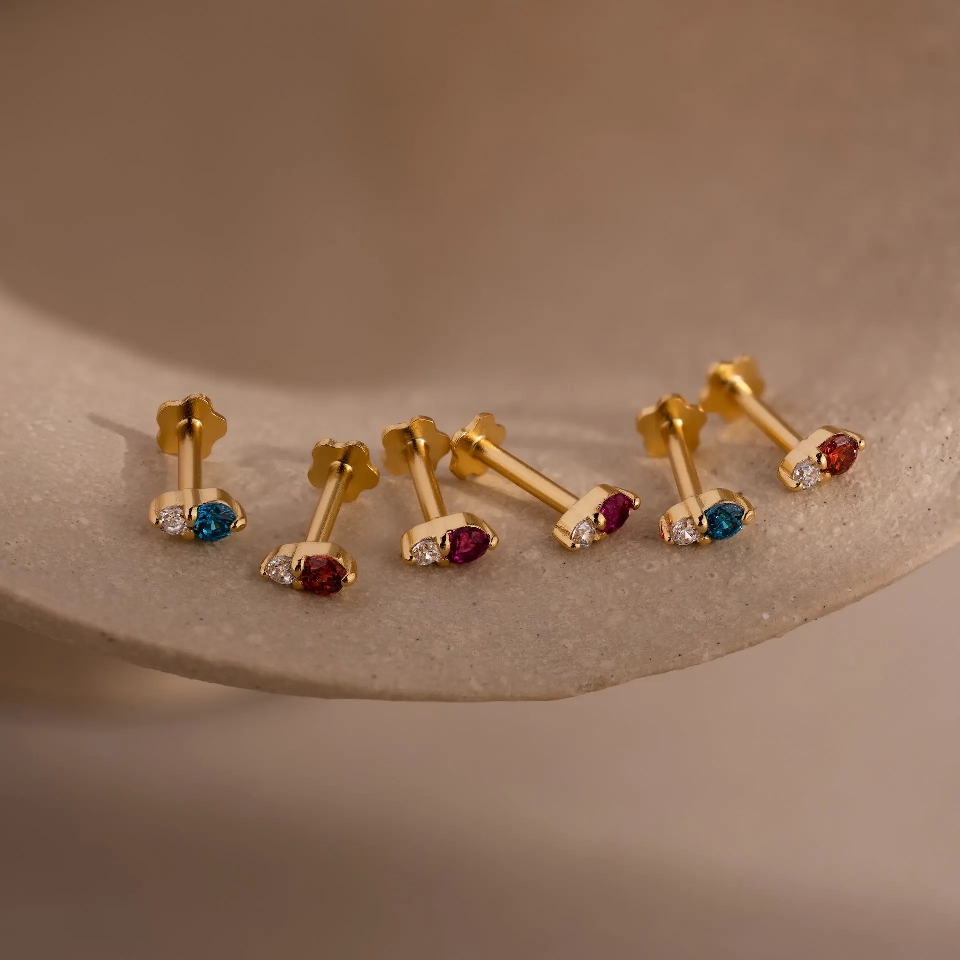 Tiny Duo Birthstone Flatback Studs by Caitlyn Minimalist - Duo Gemstone Flat Back Studs - Crystal Stud Earrings - Dainty Jewelry - Personalized Gift for Her