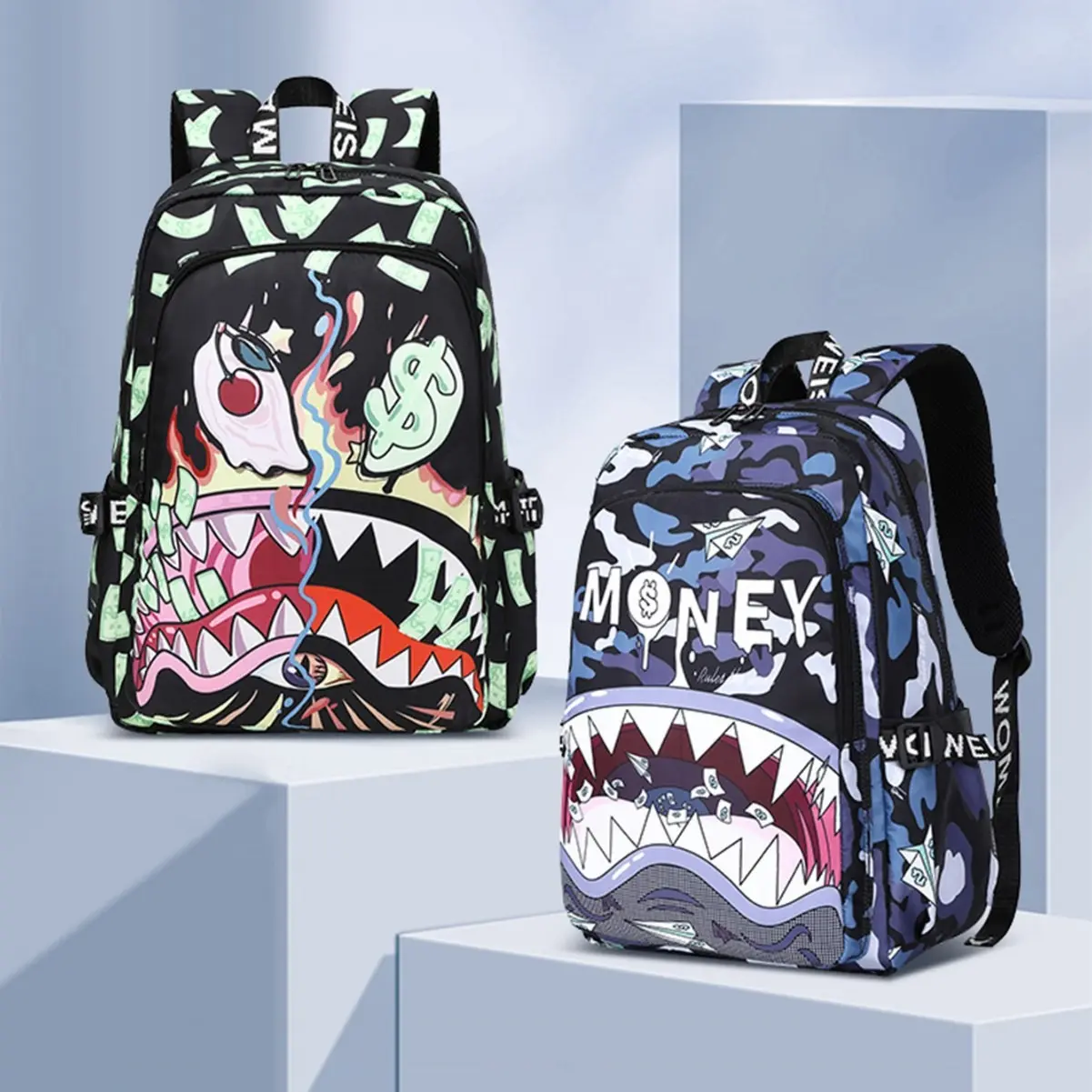 New Lightweight, Waterproof, and Spacious Student Backpack – Colorful Shark Print, Stylish Cartoon Design