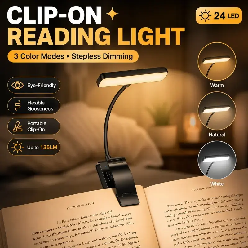 Must Have Bed Reading Light USB Rechargeable Clip On Book Light, 24 LED Reading Lamp with Flexible Neck, Stepless Dimming, Eye Protection Light for Bedroom Study Travel Office Book Lovers Gift