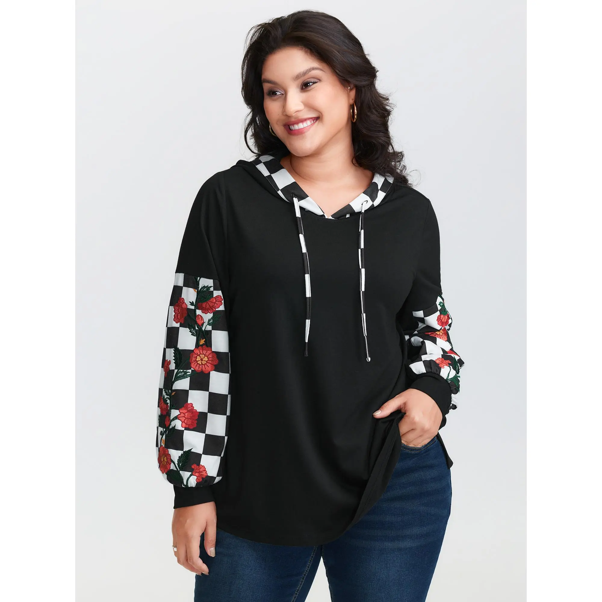 【Hooded & Cozy】Bloomchic Checkered Stretchy Color Contrast Hoodie Swimweek[M-6X] 2026 Summerfinds