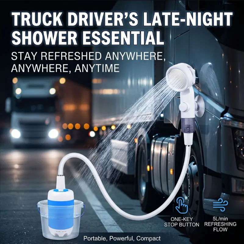 Portable Electric Shower for Truck Drivers, Rechargeable Outdoor Camping Shower with Dual Flow, Hands-Free Suction Cup, 5L/min Water Pump for Road Trips, Hiking, Pet Bathing