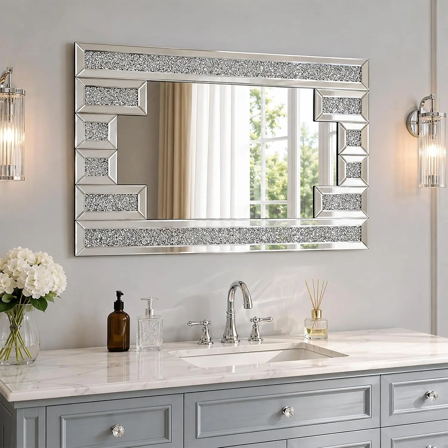 Crushed Diamond Rectangular Wall Mirror 32"x48", Bling Rhinestone Mirror Art Deco Silver, Hand-Inlaid Crystals for Living Dining Room Entryway Fireplace, Shatter-Proof Packaging