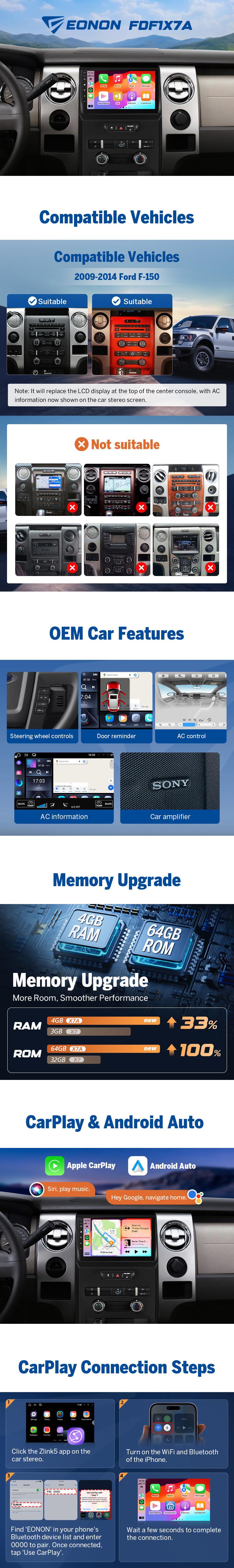 EONON Car Stereo for Ford F-150 2009-2014, Wireless CarPlay & Android Auto, 4GB+64GB, 9" Android 14 Touchscreen Head Unit with Steering Wheel Control, Subwoofer, Bluetooth, GPS, Backup Camera – FDF1X7A