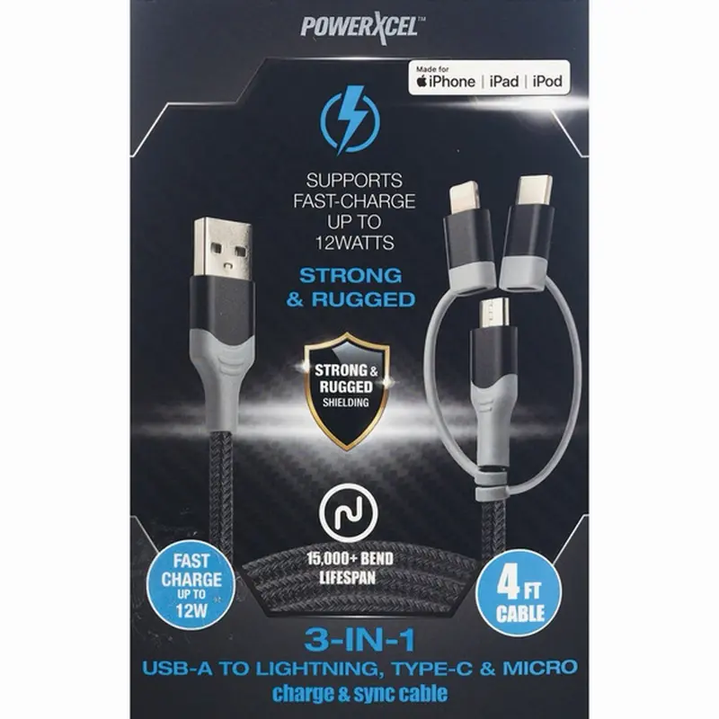 Powerxcel 3-in-1 Usb-a To Lightning Type-c & Micro Charge cable