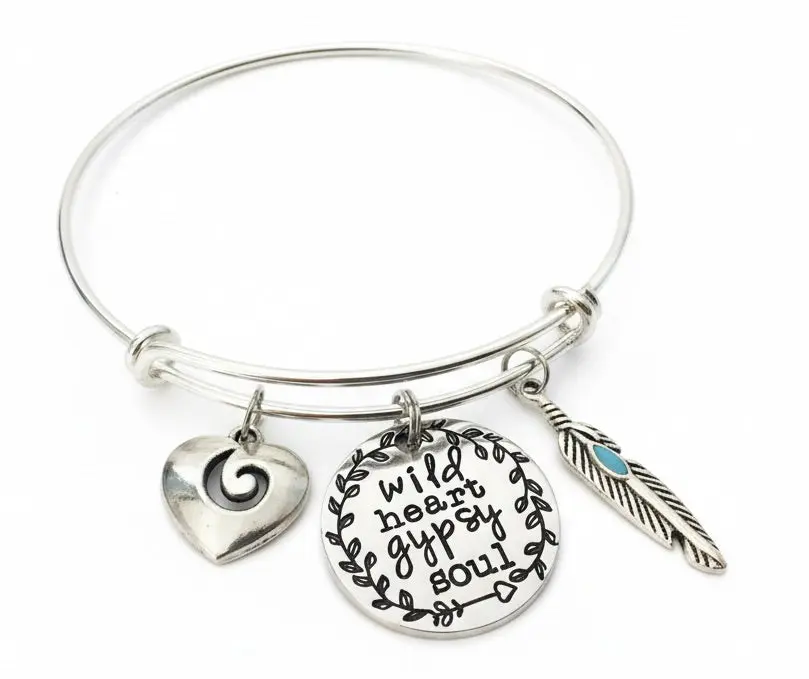 Wild Heart Gypsy Soul Bracelet | Boho Feather Charm Bangle | Free Spirit Jewelry Gift