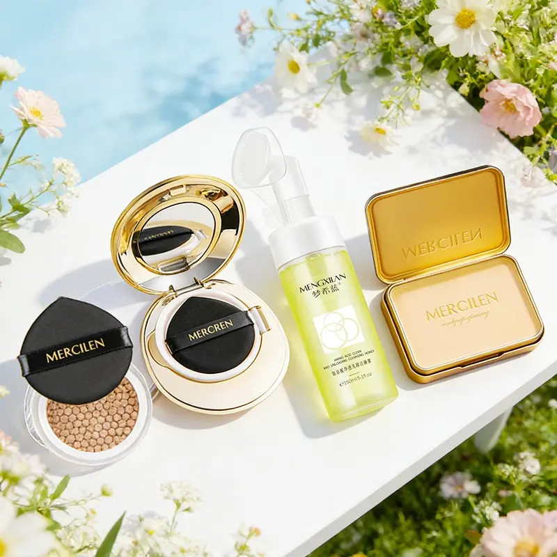 Mercilen Cushion Foundation Makeup Kit Set 4 Boxes, Pearl Skincare CC Cream 15g + Replacement Pad 15g + Makeup Remover 85g + Cleansing Honey 150ML