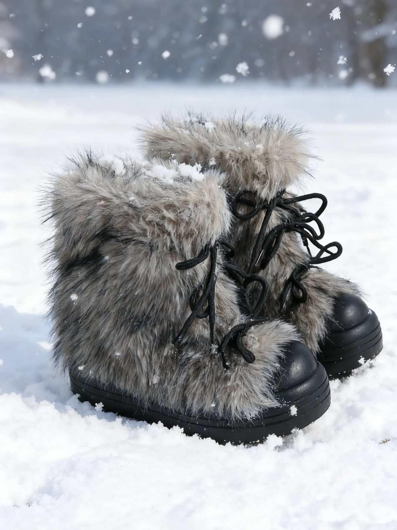 Furry Fluffy Snow Boots for Winter, Warm Textile Lining, Medium Width, Above-Ankle Design, Ideal for Snow Adventures, Fall/winter Fashion, Footwear Boot