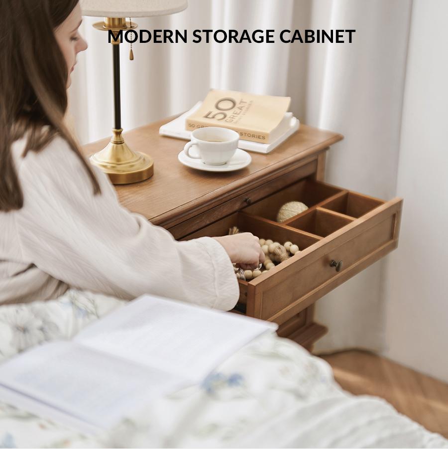 Hulala Lionel 3 Drawer End Table with Built-In Outlets, Charging Station, Pull-Out Shelf, Sturdy Wood Legs, Organized Storage, Farmhouse Style Bedroom Cabinet, Bedside Table, Nightstand