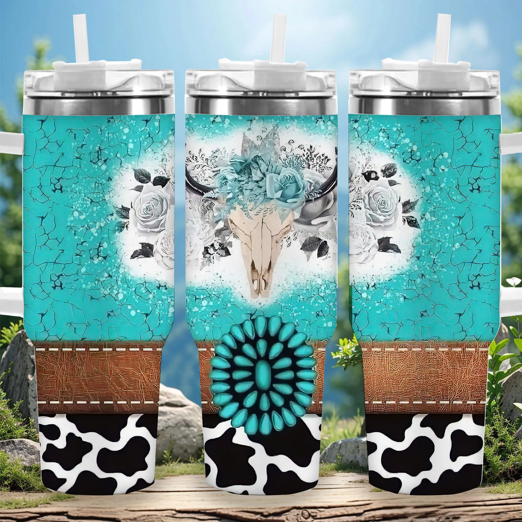 1pc 40oz Cow Print Turquoise Vacuum Insulated Tumbler with Insulated Lid - Western Print Travel Mug, Unique Gift for Women, Ideal for Halloween & Independence Day, Kitchenware Drinkware