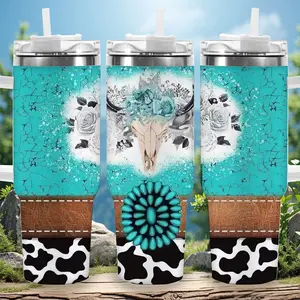 1pc 40oz Western Style Turquoise and Cow Print Tumbler with Lid, Insulated Travel Mug, Gift for Women Men, Ideal for Halloween, Independence Day, Memorial Birthday Gift, Coffee Cup, weird stuff