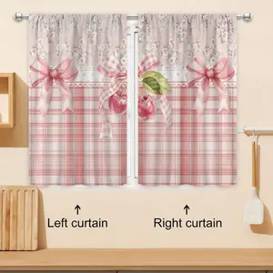 2Panel Pink Butterfly Kitchen Curtain Valance Set Cute Sweet Bowknot Cherry Plaid Buffalo Flower Pretty Rod Home Decor Cafe Office Living Room Bedroom Restaurant Decorative