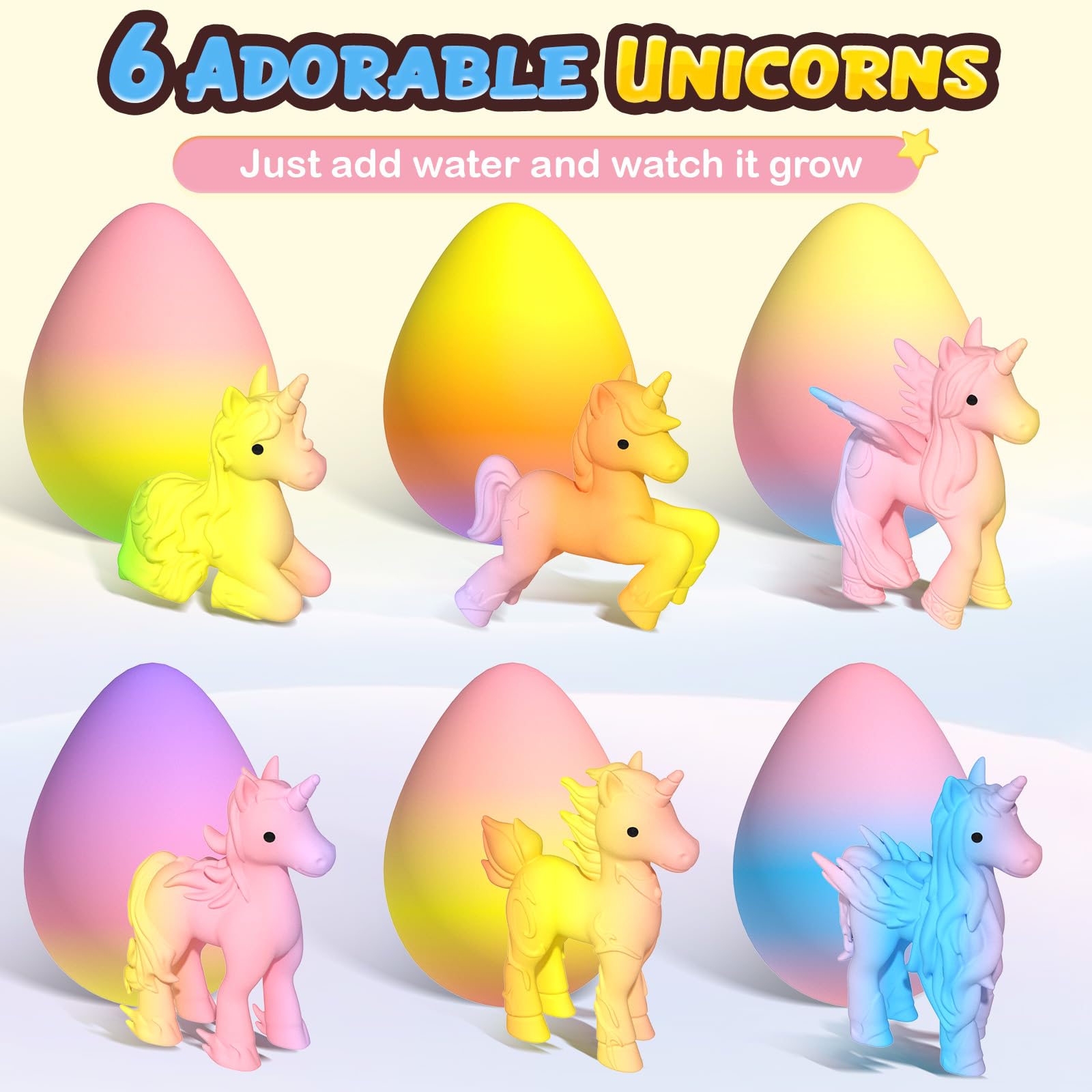 Summervibes 6 Pack Hatching Growing Unicorn Eggs Rainbow Colorful Eggs with 6 Unique Unicorns for Safe Fun & Magical Transformation - Perfect for Christmas & Birthday Gifts
